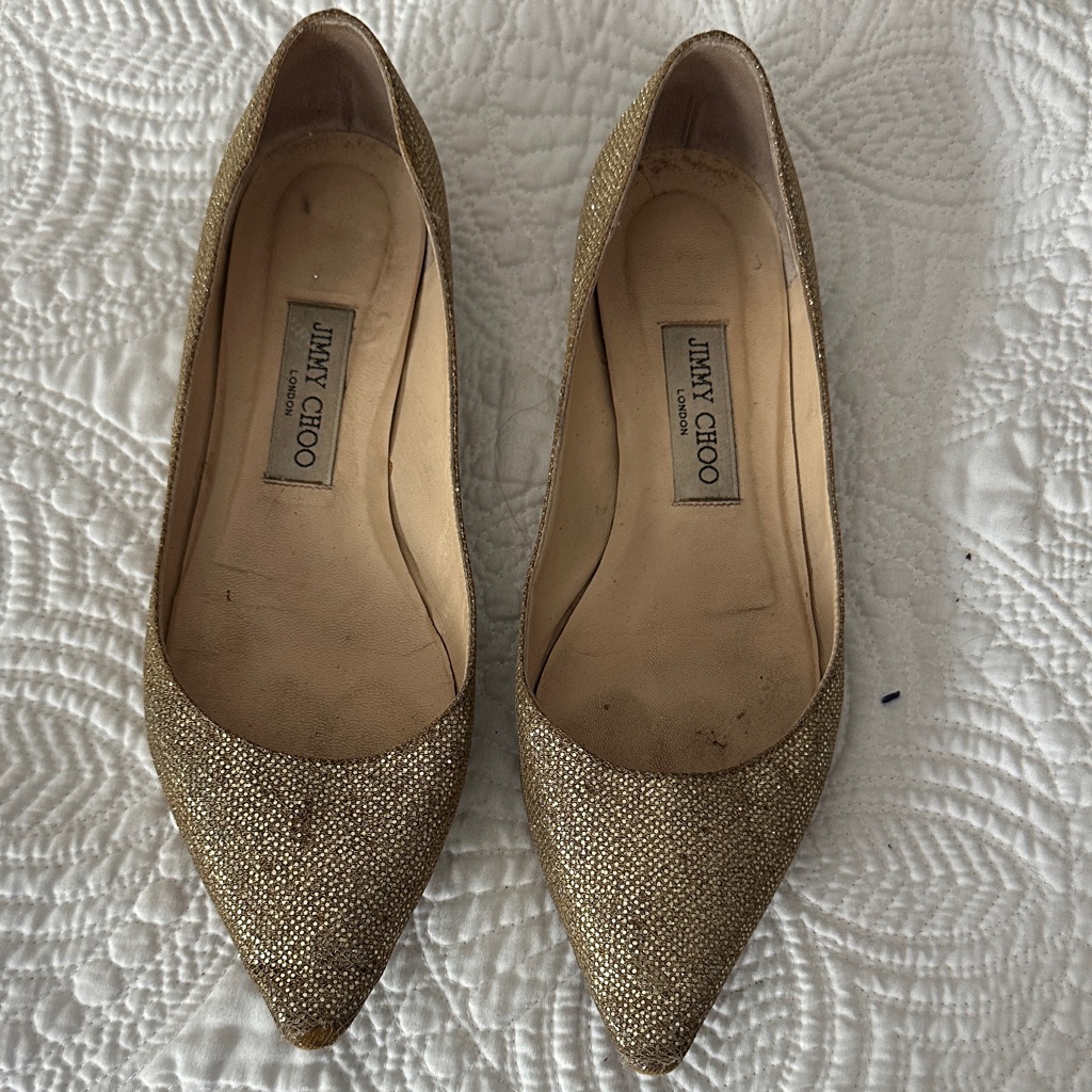 Jimmy Choo Romy Glitter Gold Flats Size 39.5